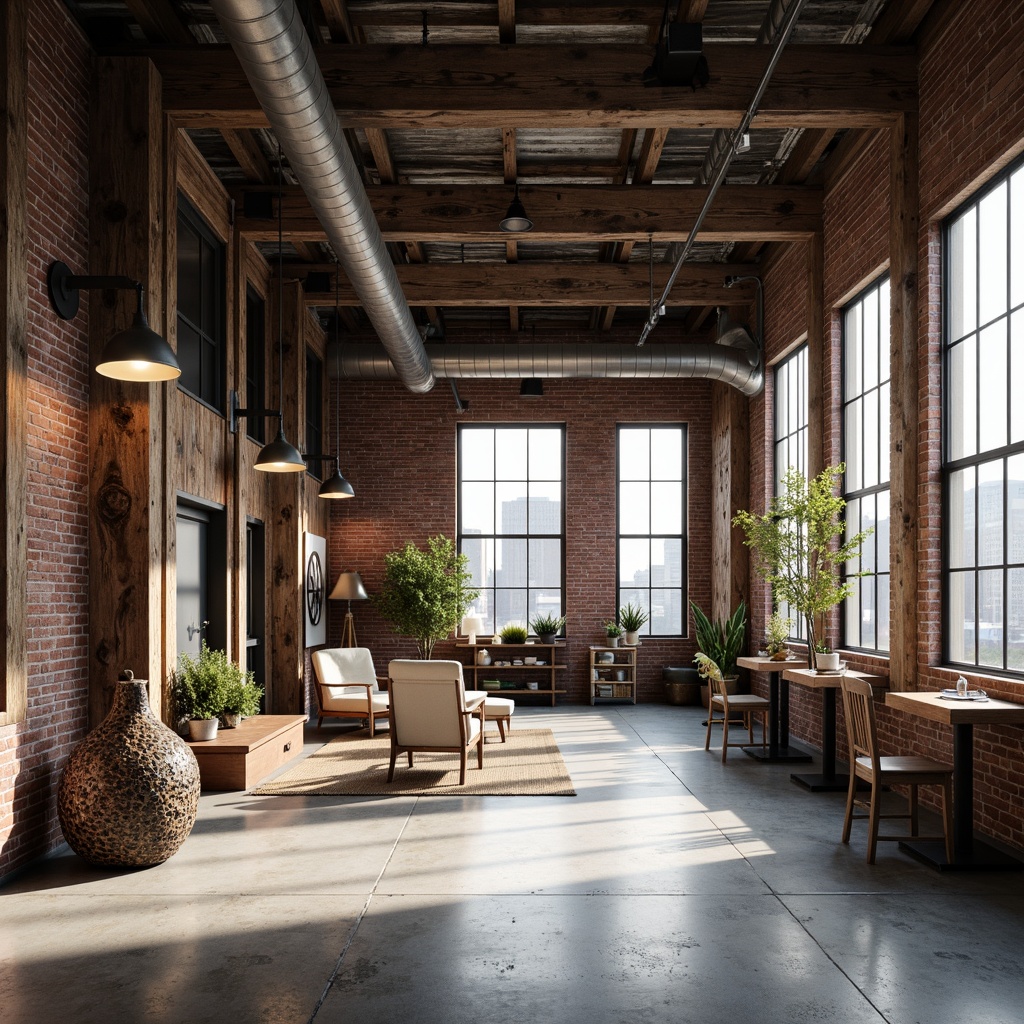 Prompt: Exposed brick walls, metal beams, reclaimed wood accents, industrial-style lighting fixtures, concrete floors, urban cityscape, converted warehouse, modern minimalist decor, functional simplicity, neutral color palette, distressed textures, vintage machinery, eclectic decorative elements, open floor plan, high ceilings, natural light pouring in, dramatic shadows, 3/4 composition, shallow depth of field, realistic renderings.