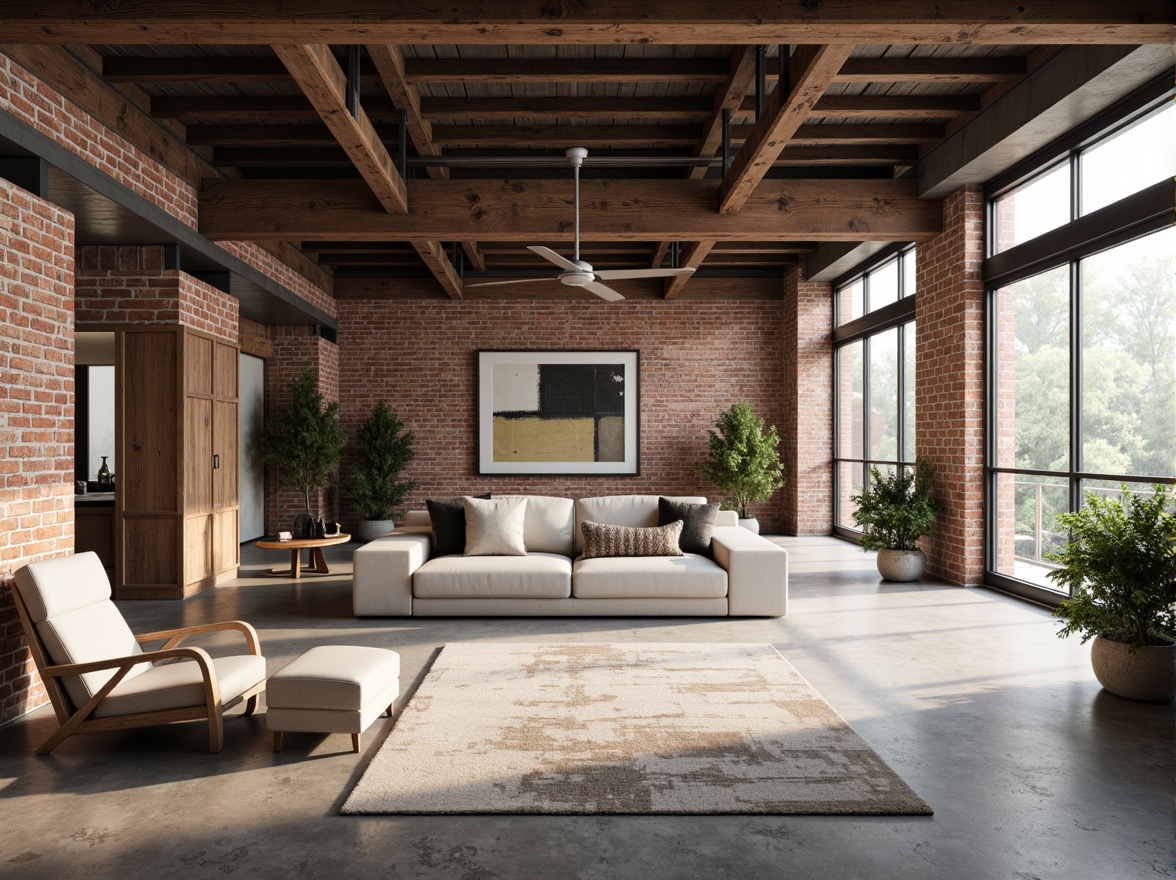 Prompt: Exposed brick walls, industrial metal beams, reclaimed wood accents, polished concrete floors, minimalist decor, modern urban loft, open-plan living space, floor-to-ceiling windows, natural light pouring in, airy atmosphere, sleek lines, geometric shapes, abstract art pieces, monochromatic color scheme, subtle textures, soft warm lighting, shallow depth of field, 3/4 composition, realistic renderings.