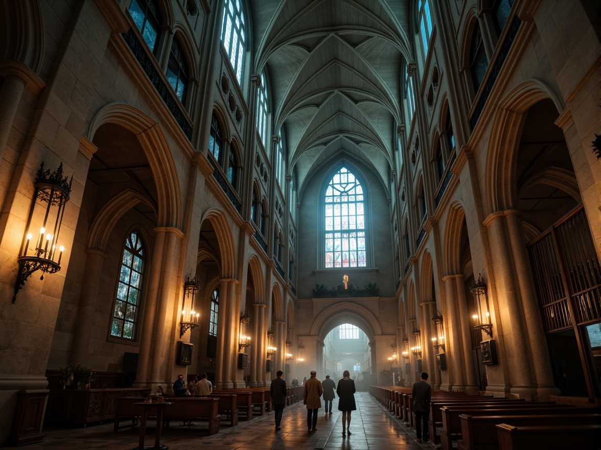 Prompt: Mysterious Gothic cathedral, khaki stone walls, ornate carvings, stained glass windows, grandiose vaulted ceilings, intricate archways, mystical ambiance, warm candlelight, eerie shadows, mysterious fog, misty atmosphere, dramatic lighting, 1/2 composition, low-angle shot, cinematic mood, rich textures, subtle grain.