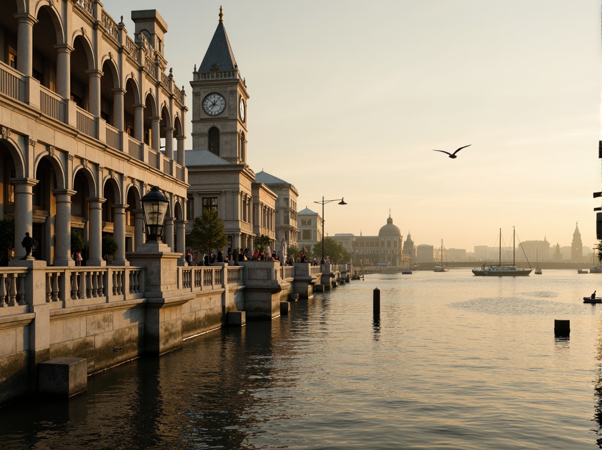 Prompt: Riverfront promenade, ornate balustrades, grandiose columns, symmetrical facades, classical arches, elegant cornices, limestone buildings, majestic clock towers, tranquil water reflections, sailboats, seagulls, misty morning atmosphere, warm golden lighting, shallow depth of field, 1/2 composition, panoramic view, realistic textures, ambient occlusion.