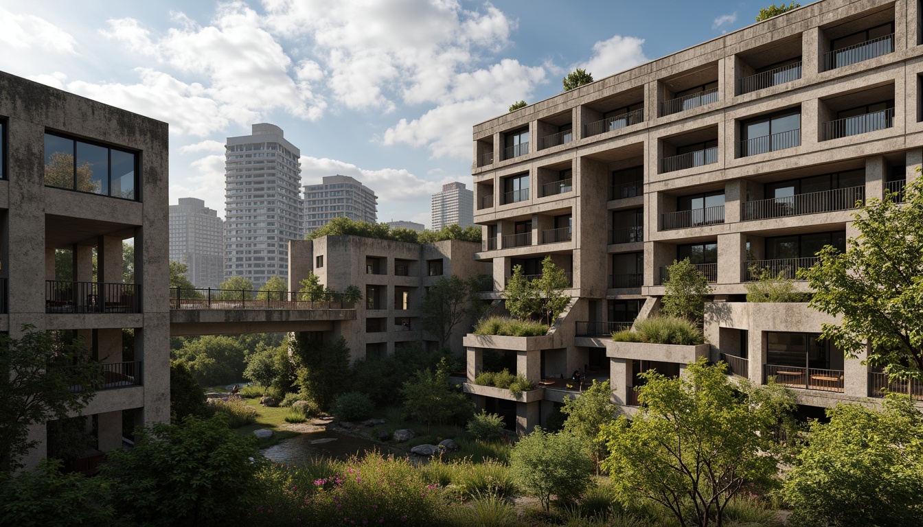 Prompt: Rugged brutalist buildings, raw concrete textures, fortress-like structures, overgrown vegetation, wildflowers, moss-covered walls, weathered steel beams, industrial materials, urban landscape integration, cityscape views, elevated walkways, cantilevered sections, dramatic shadows, harsh natural light, 1/1 composition, symmetrical framing, high-contrast colors, gritty realistic textures, ambient occlusion.