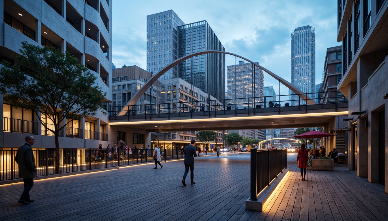 Prompt: Curved pedestrian bridge, sleek metal railings, wooden decking, modern urban landscape, city skyline, vibrant streetlights, bustling streets, dynamic structural elements, cantilevered sections, suspension cables, geometric shapes, minimalist design, functional lighting, safety features, accessible ramps, staircases, observation decks, panoramic views, realistic textures, ambient occlusion, shallow depth of field, 3/4 composition.