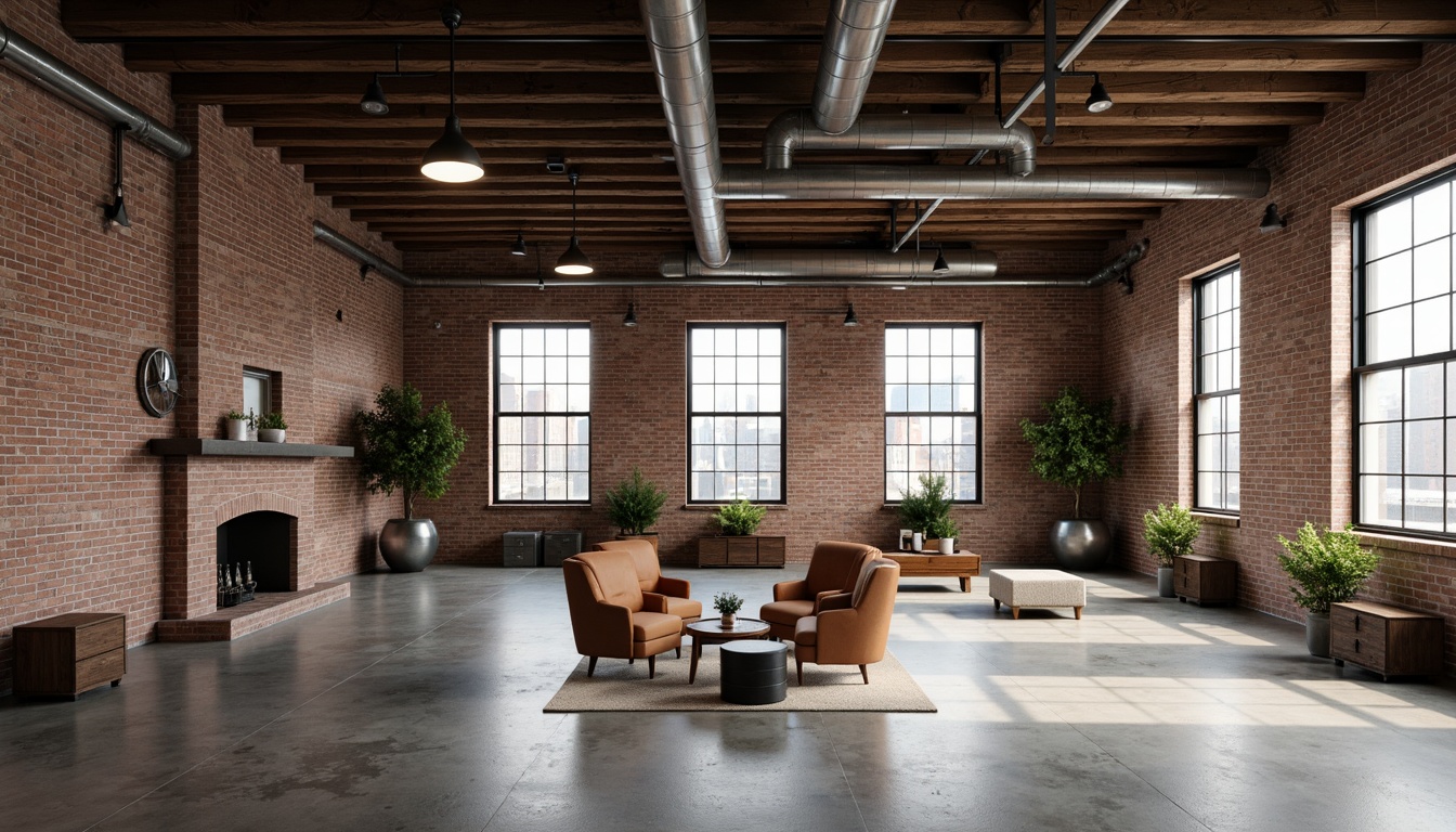 Prompt: Exposed brick walls, metal beams, reclaimed wood accents, industrial-style lighting fixtures, concrete floors, urban cityscape, converted warehouse, modern minimalist decor, functional simplicity, neutral color palette, distressed textures, edgy architectural lines, brutalist structures, functional spaces, open floor plans, natural ventilation systems, abundant natural light, high ceilings, urban loft atmosphere, gritty urban feel, dramatic shadows, low-key lighting, 3/4 composition, realistic materials, ambient occlusion.