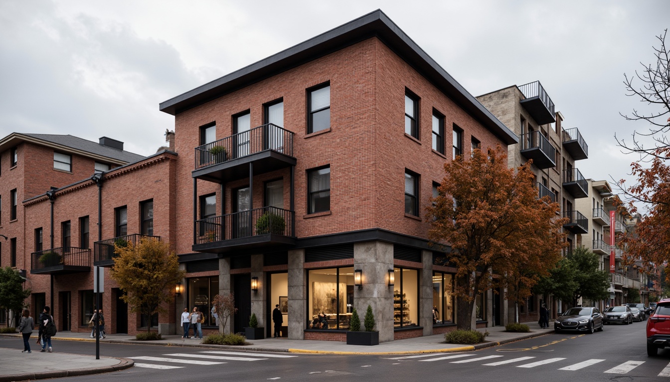 Prompt: Rustic industrial building, exposed brick facade, distressed brick walls, earthy red tones, rough-hewn stone foundations, metal accents, reclaimed wood beams, urban cityscape, overcast sky, warm soft lighting, shallow depth of field, 1/1 composition, realistic textures, ambient occlusion.