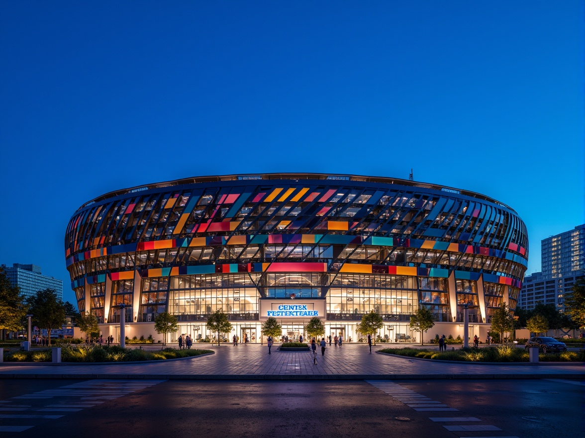 Prompt: Modern stadium exterior, dynamic curved lines, sleek metal cladding, perforated panels, LED lighting strips, vibrant team colors, cantilevered roofs, grand entrance gates, urban cityscape backdrop, clear blue sky, dramatic nighttime illumination, shallow depth of field, 1/2 composition, realistic reflections, ambient occlusion.