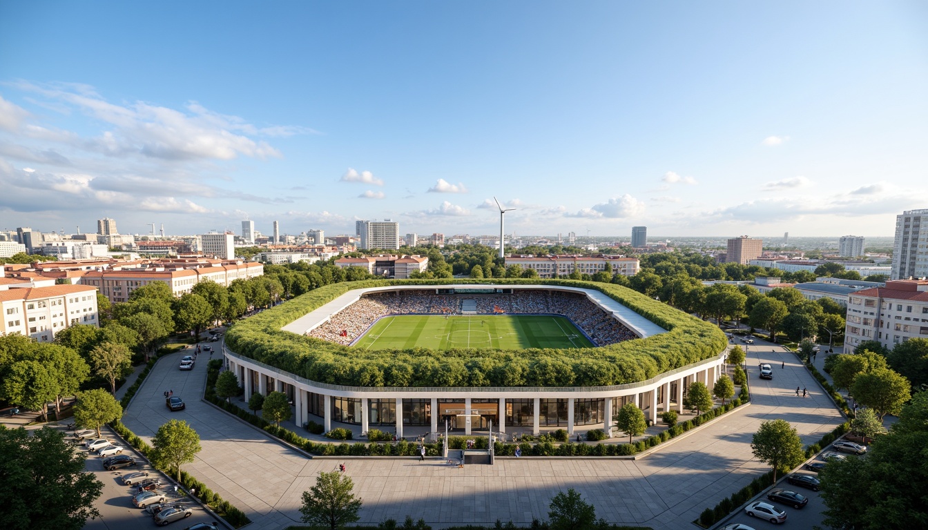 Prompt: Eco-friendly soccer stadium, lush green roofs, solar panels, wind turbines, rainwater harvesting systems, recycled materials, natural ventilation, large windows, transparent fa\u00e7ade, minimal carbon footprint, energy-efficient lighting, organic food vendors, composting facilities, bicycle parking, electric vehicle charging stations, public transportation access, pedestrian-friendly surroundings, vibrant urban landscape, clear blue sky, warm sunny day, soft natural lighting, shallow depth of field, 3/4 composition, panoramic view, realistic textures, ambient occlusion.