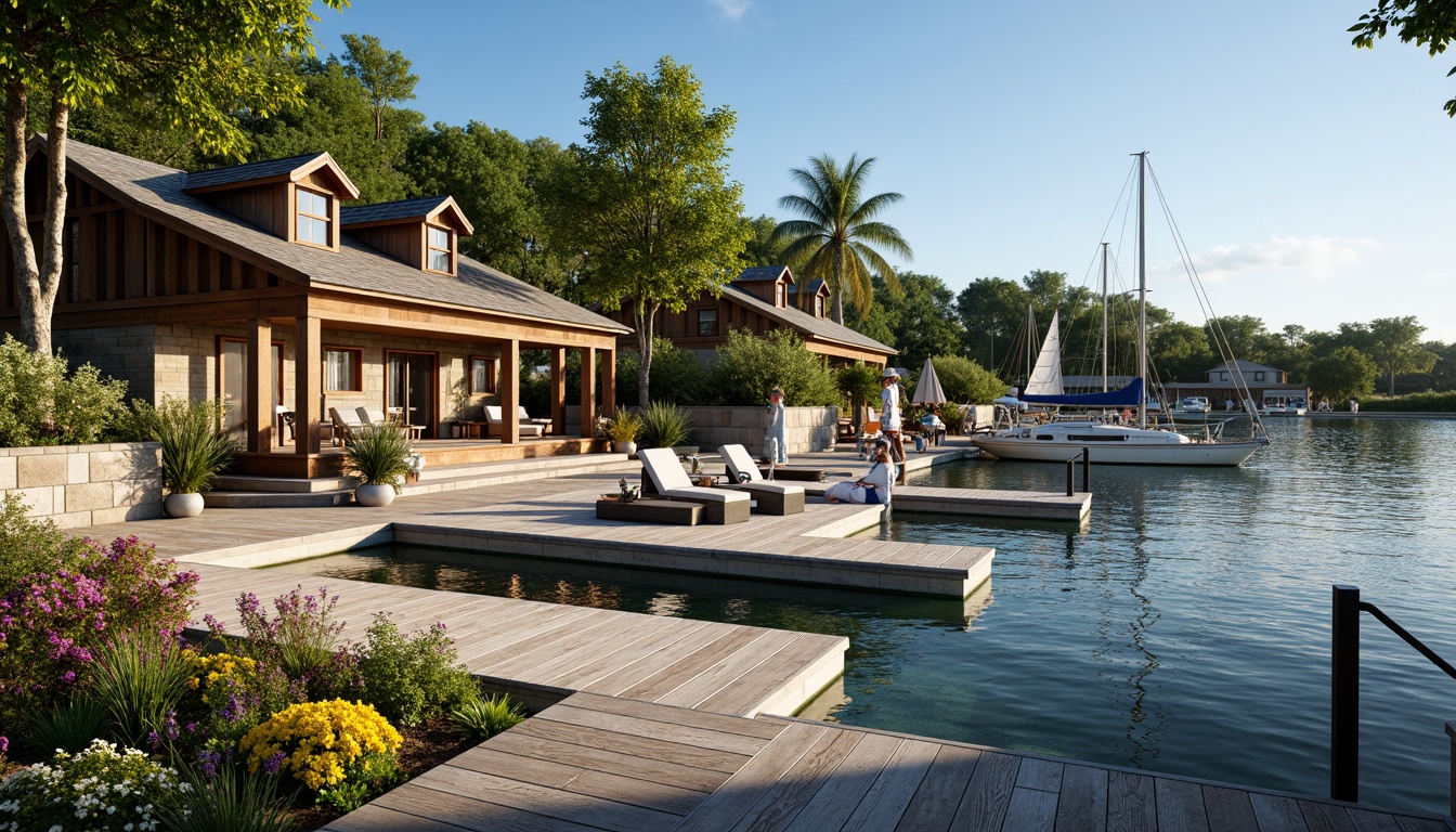 Prompt: Waterfront boathouse, rustic wooden docks, serene lake views, lush greenery, vibrant flowers, natural stone walls, wooden accents, nautical decorations, sailboats, kayaks, paddleboards, tranquil atmosphere, warm sunny day, soft diffused lighting, shallow depth of field, 3/4 composition, panoramic view, realistic textures, ambient occlusion.