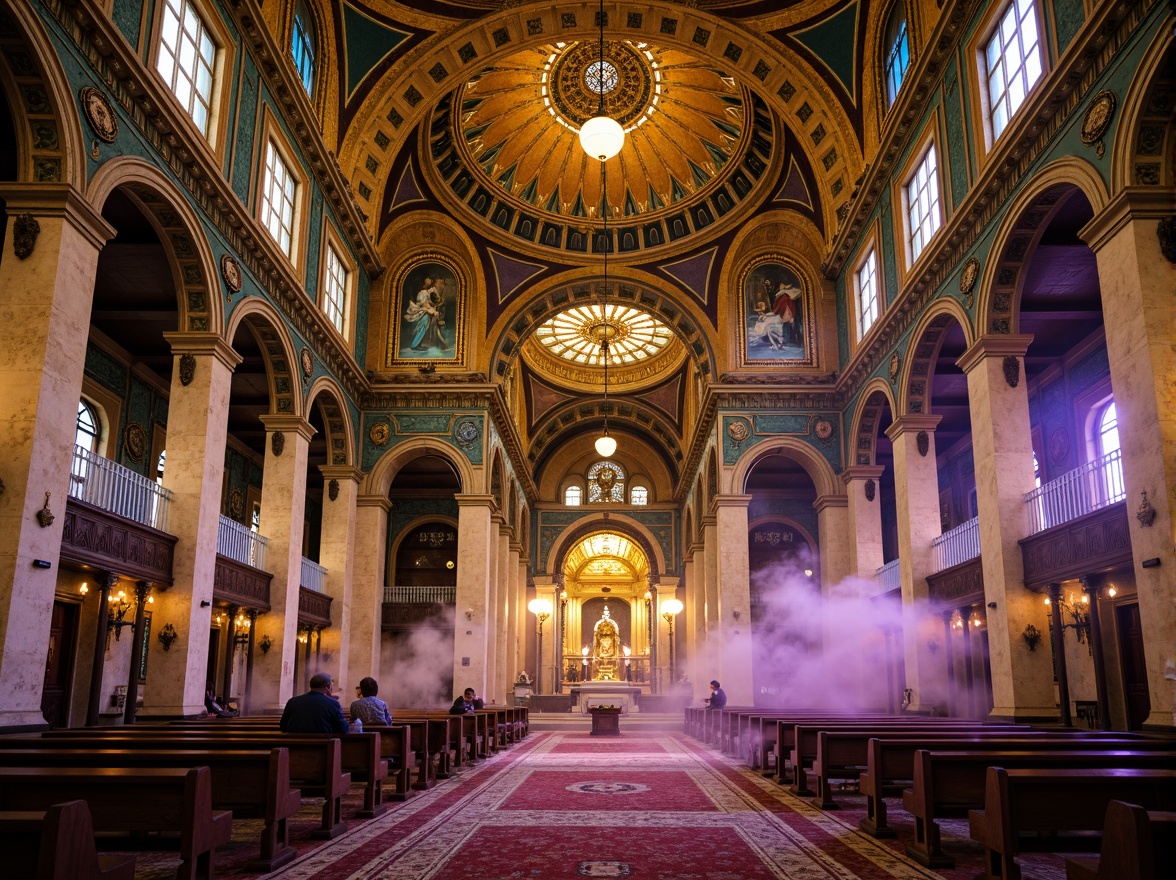 Prompt: Majestic Byzantine church, golden domes, intricate mosaics, rich jewel tones, warm beige stone walls, ornate frescoes, vibrant turquoise accents, regal purple hues, soft candlelight, atmospheric fog, mystical ambiance, high contrast lighting, dramatic shadows, symmetrical composition, ornate details, luxurious fabrics, antique textures, ancient artifacts.