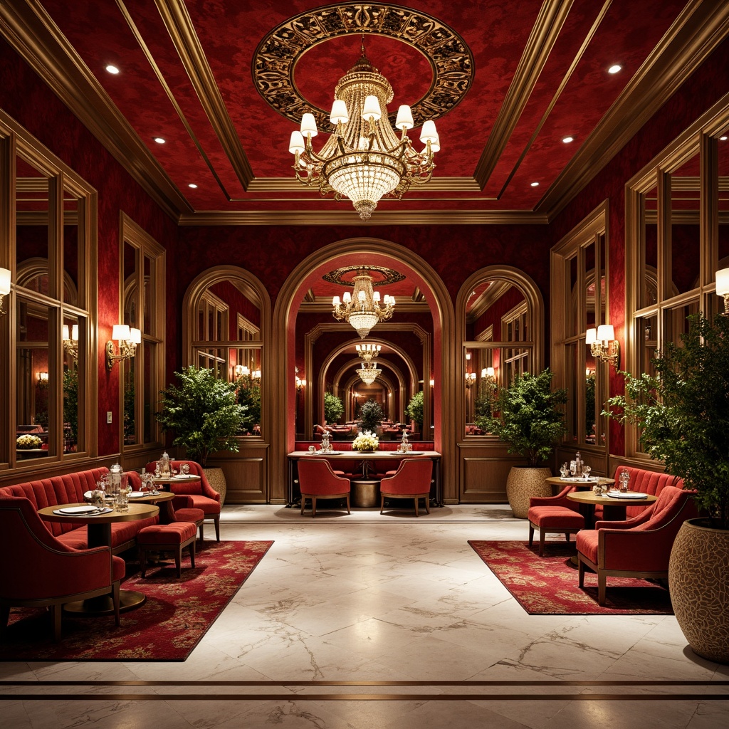 Prompt: Luxurious Art Deco interior, rich velvet fabrics, metallic accents, ornate mirrors, polished marble floors, geometric patterns, bold color schemes, opulent chandeliers, lavish furnishings, intricate moldings, glamorous metallic leafing, sophisticated ambient lighting, 3/4 composition, shallow depth of field, realistic textures, ambient occlusion.