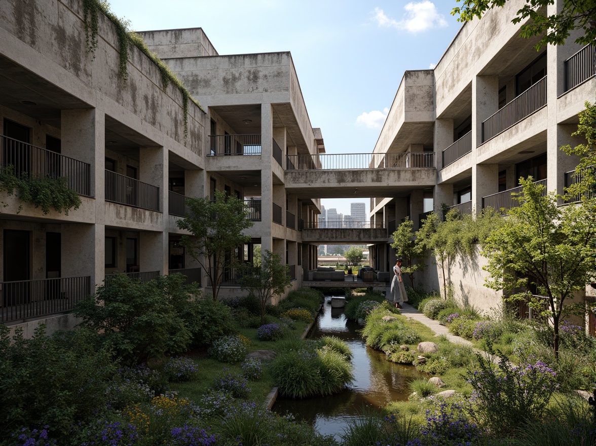 Prompt: Rugged brutalist buildings, raw concrete textures, fortress-like structures, overgrown vegetation, wildflowers, moss-covered walls, weathered steel beams, industrial materials, urban landscape integration, cityscape views, elevated walkways, cantilevered sections, dramatic shadows, harsh natural light, 1/1 composition, symmetrical framing, high-contrast colors, gritty realistic textures, ambient occlusion.