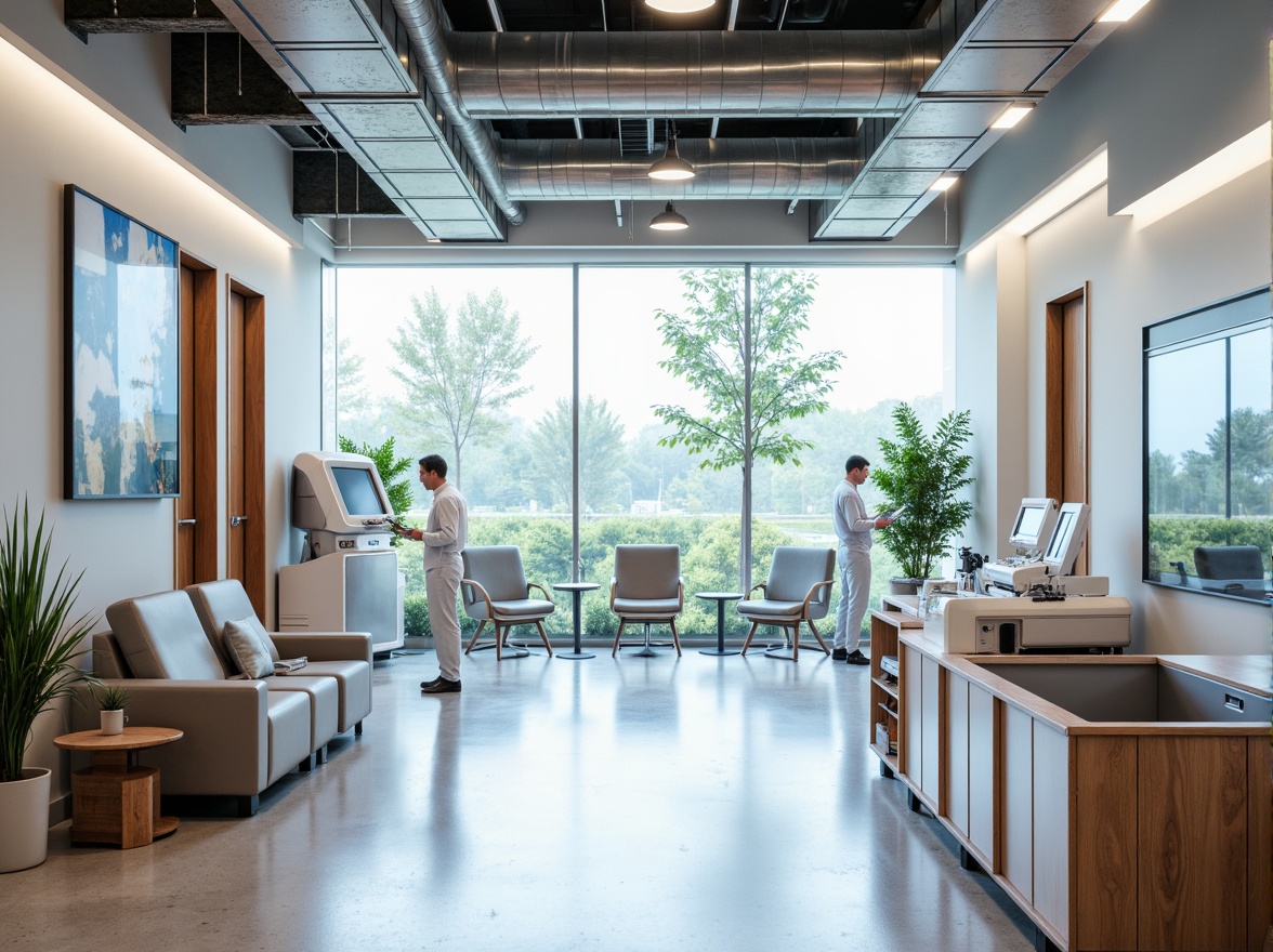 Prompt: Modern high-tech clinic interior, sleek metal frames, minimalist design, sterile white walls, polished chrome fixtures, advanced medical equipment, futuristic lighting systems, LED screens, interactive patient interfaces, comfortable waiting areas, ergonomic seating, calming color schemes, natural wood accents, floor-to-ceiling windows, abundant natural light, 1/1 composition, shallow depth of field, soft warm lighting, realistic textures, ambient occlusion.