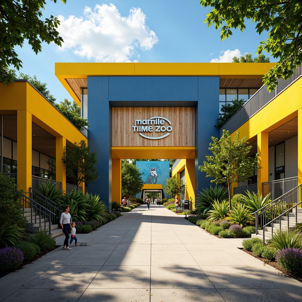 Prompt: Vibrant zoo entrance, streamline moderne architecture, bold primary colors, bright yellow accents, deep blue tones, natural wood textures, sleek metal railings, minimalist signage, lush greenery, tropical plants, sunny day, soft warm lighting, shallow depth of field, 3/4 composition, panoramic view, realistic animal textures, ambient occlusion.Please let me know if this meets your requirements!