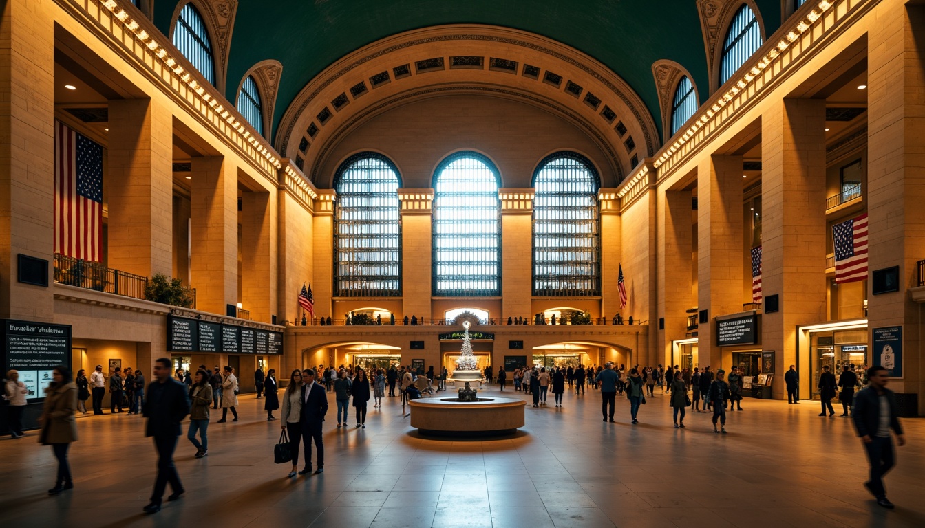 Prompt: Grand central station, ornate metalwork, intricate stonework, vaulted ceilings, majestic archways, elegant chandeliers, refined wooden accents, luxurious textiles, sophisticated signage, bustling atmosphere, morning rush hour, warm golden lighting, shallow depth of field, 1/2 composition, symmetrical framing, realistic reflections, ambient occlusion.