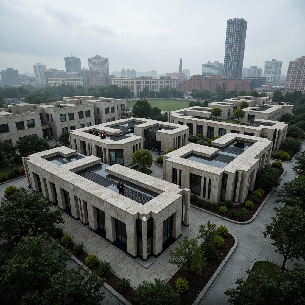 Prompt: Rugged university campus, brutalist architecture, raw concrete facades, fortress-like buildings, geometric shapes, industrial materials, metallic accents, bold color schemes, abstract sculptures, urban landscape, overcast skies, dramatic shadows, high-contrast lighting, cinematic composition, 1/2 frame ratio, atmospheric fog, realistic textures, ambient occlusion.