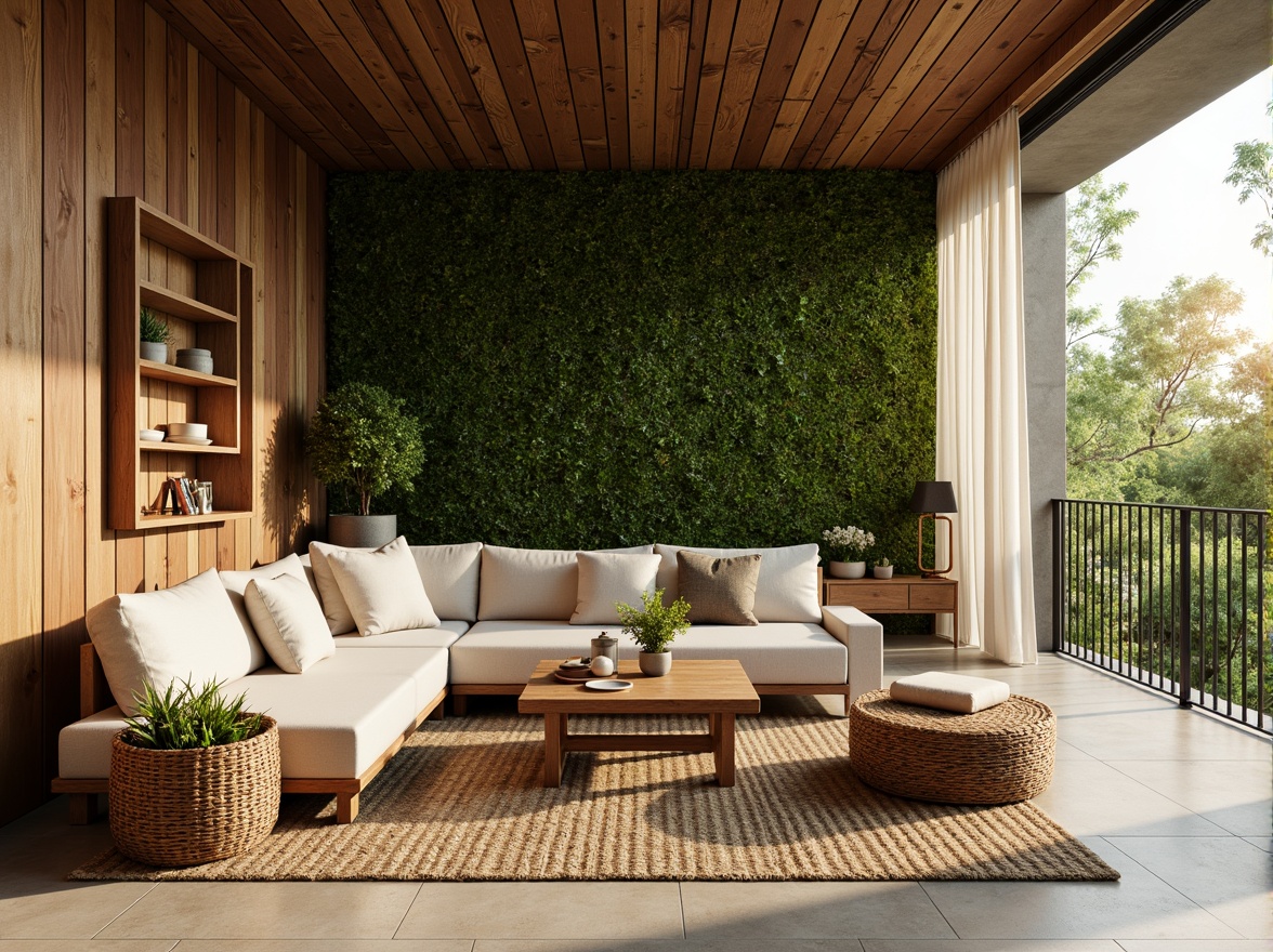 Prompt: Earthy tones, reclaimed wood accents, living green walls, organic shapes, natural stone flooring, bamboo textures, woven rattan furniture, eco-friendly materials, sustainable architecture, minimalist design, abundant natural light, soft warm ambiance, shallow depth of field, 1/1 composition, realistic rendering, ambient occlusion.