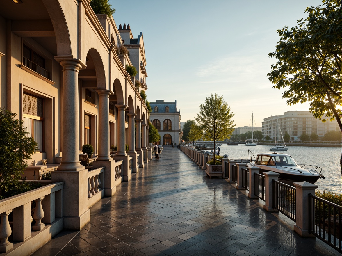 Prompt: Riverfront promenade, ornate balustrades, grandiose columns, symmetrical facades, elegant archways, refined stonework, majestic river views, serene water reflections, lush greenery, vibrant flowers, picturesque boat docks, sailboats, yachts, tranquil atmosphere, warm golden lighting, soft misty effects, 1/2 composition, cinematic framing, realistic textures, subtle ambient occlusion.