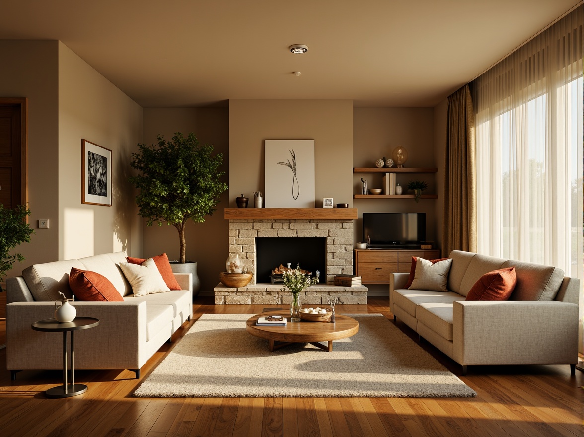 Prompt: Cozy living room, plush sofas, warm beige walls, rich wood flooring, soft golden lighting, comfortable throw pillows, vibrant greenery, natural stone fireplace, modern minimalist decor, sleek metal accents, elegant glass coffee table, inviting aroma, relaxing ambiance, shallow depth of field, 1/1 composition, realistic textures, ambient occlusion.