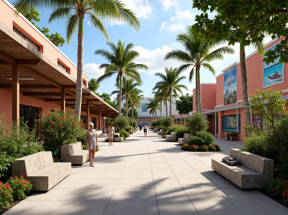 Prompt: Tropical island bus station, lush greenery, swaying palm trees, vibrant hibiscus flowers, natural stone benches, wooden shelters, nautical-themed signage, ocean-inspired murals, coral-colored buildings, modern minimalist architecture, large overhangs, shaded waiting areas, warm sunny day, soft diffused lighting, shallow depth of field, 1/1 composition, panoramic view, realistic textures, ambient occlusion.