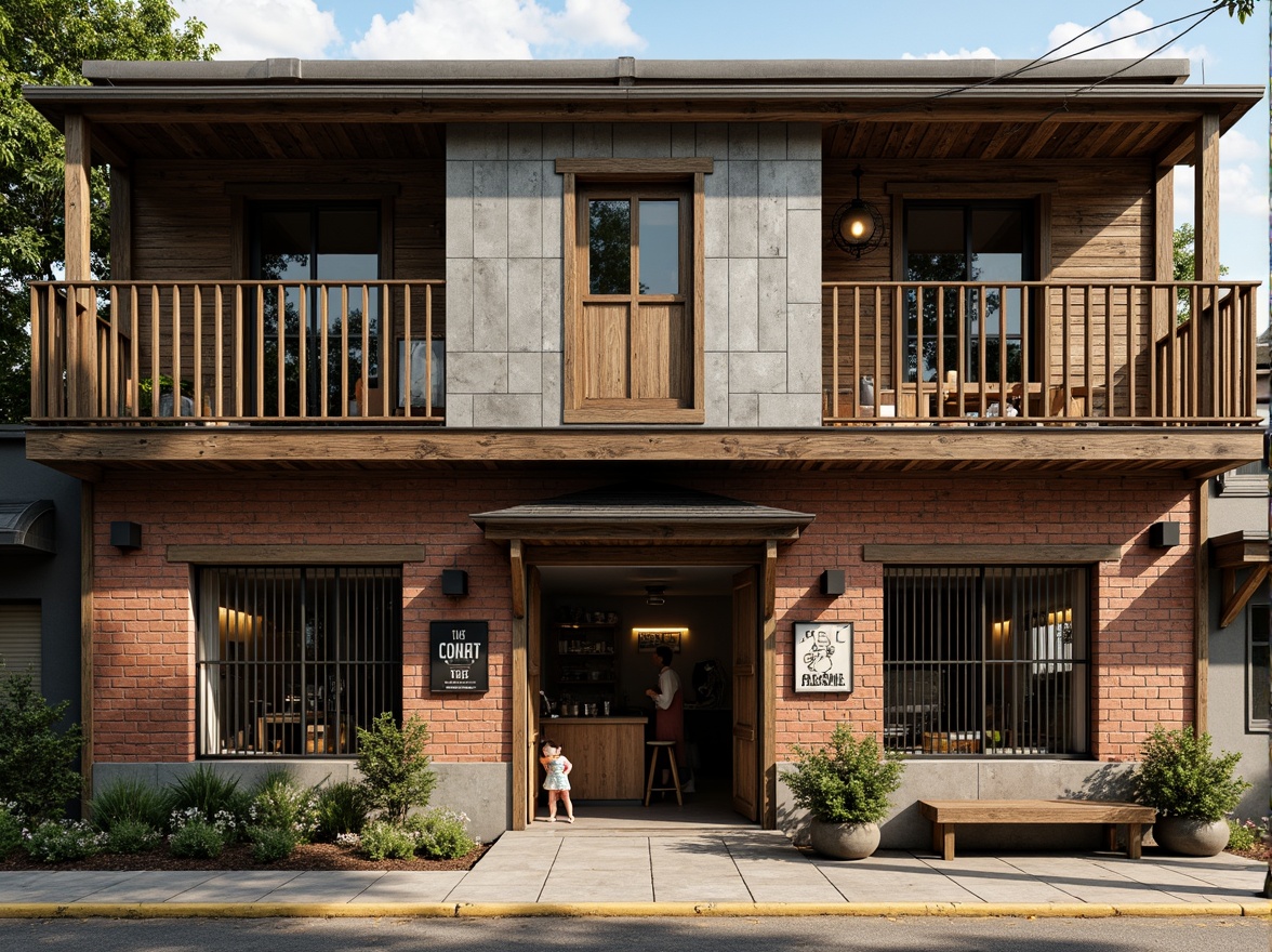 Prompt: Rustic workshop facade, distressed wooden planks, metal cladding, industrial-style windows, exposed brick walls, vintage signage, eclectic architectural details, warm earthy tones, natural stone foundations, overhanging roofs, asymmetrical composition, dramatic shadows, soft diffused lighting, 1/2 composition, realistic textures, ambient occlusion.