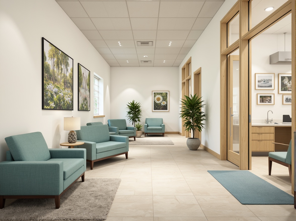 Prompt: Calming healthcare facility, soothing color scheme, gentle pastel hues, creamy whites, warm beige tones, soft blues, pale greens, natural wood accents, comfortable seating areas, peaceful waiting rooms, calming artwork, serene lighting, subtle texture contrasts, 1/2 composition, shallow depth of field, realistic renderings, ambient occlusion.