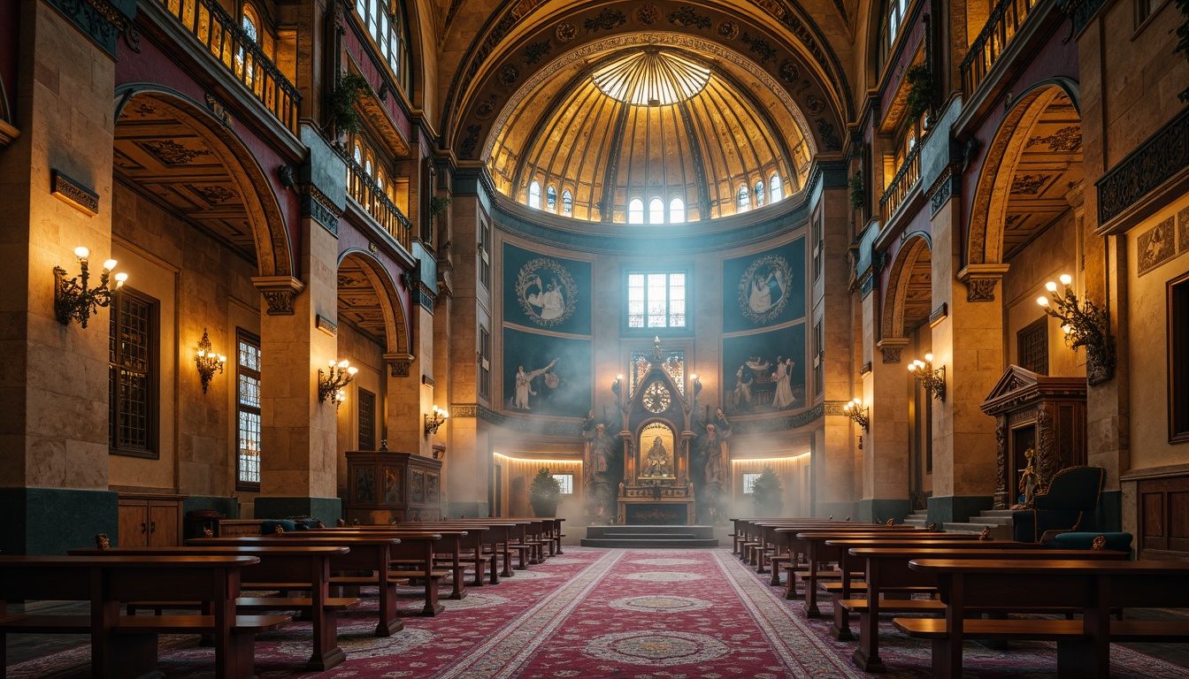 Prompt: Majestic Byzantine church, golden domes, intricate mosaics, rich jewel tones, warm beige stone walls, ornate frescoes, vibrant turquoise accents, regal purple hues, soft candlelight, atmospheric fog, mystical ambiance, high contrast lighting, dramatic shadows, symmetrical composition, ornate details, luxurious fabrics, antique textures, ancient artifacts.