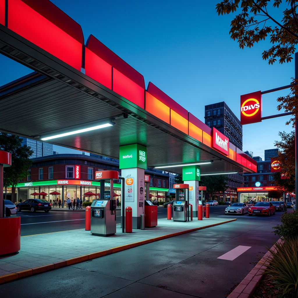 Prompt: Vibrant gas station, bold color scheme, bright LED lights, neon signs, modern fuel pumps, sleek metal canopies, glossy paint finishes, reflective glass surfaces, angular lines, dynamic shapes, urban cityscape, busy streets, rush hour atmosphere, warm sunny day, shallow depth of field, 1/1 composition, realistic textures, ambient occlusion.