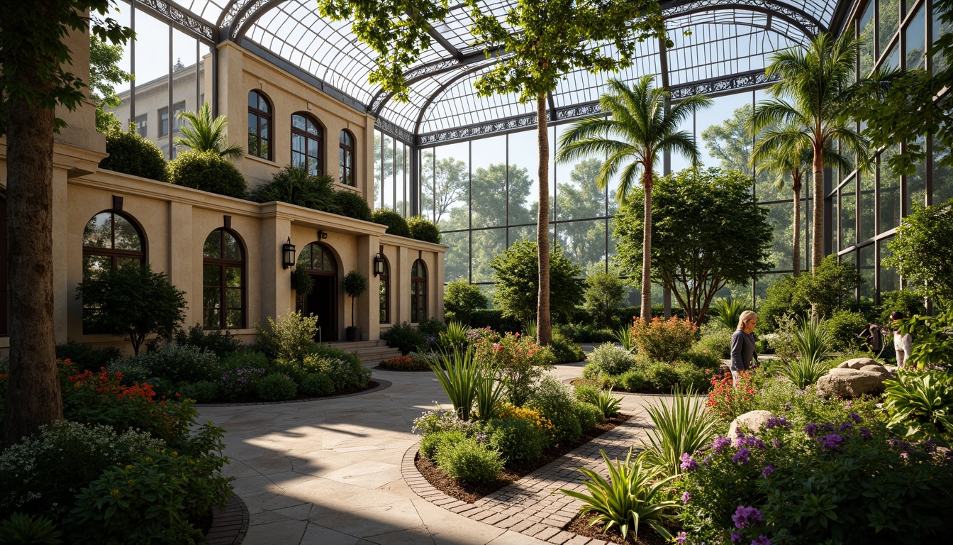 Prompt: Elegant greenhouse, lush greenery, ornate iron frames, Victorian-era inspired architecture, grand entranceways, symmetrical facades, rustic stone walls, curved glass roofs, natural ventilation systems, misting irrigation systems, tropical plants, exotic flowers, soft warm lighting, shallow depth of field, 1/1 composition, panoramic view, realistic textures, ambient occlusion, serene atmosphere, peaceful ambiance.