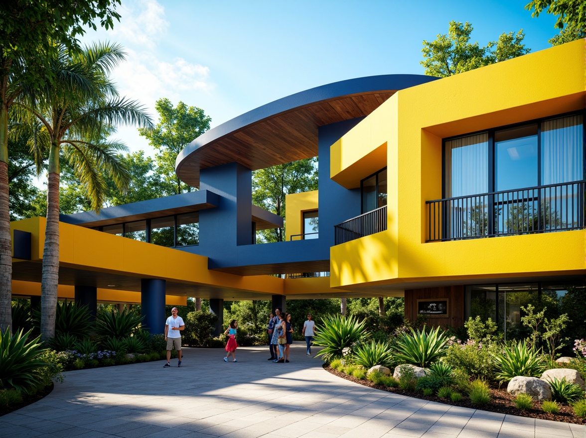 Prompt: Vibrant zoo entrance, streamline moderne architecture, bold primary colors, bright yellow accents, deep blue tones, natural wood textures, sleek metal railings, minimalist signage, lush greenery, tropical plants, sunny day, soft warm lighting, shallow depth of field, 3/4 composition, panoramic view, realistic animal textures, ambient occlusion.Please let me know if this meets your requirements!