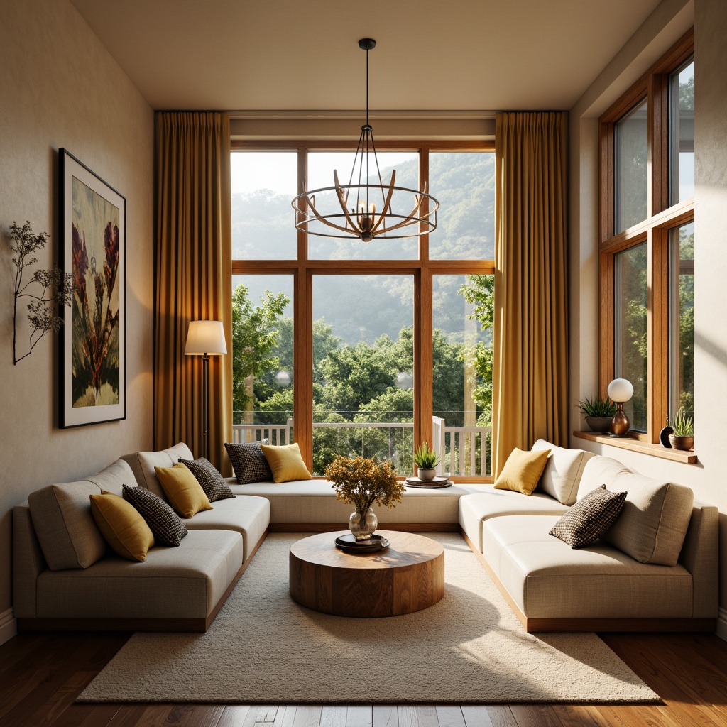 Prompt: Cozy living room, plush sofas, warm beige walls, rich wood flooring, soft golden lighting, comfortable throw pillows, modern minimalist decor, large windows, natural daylight, lush greenery views, elegant chandeliers, sophisticated color palette, calming atmosphere, shallow depth of field, 1/1 composition, realistic textures, ambient occlusion.