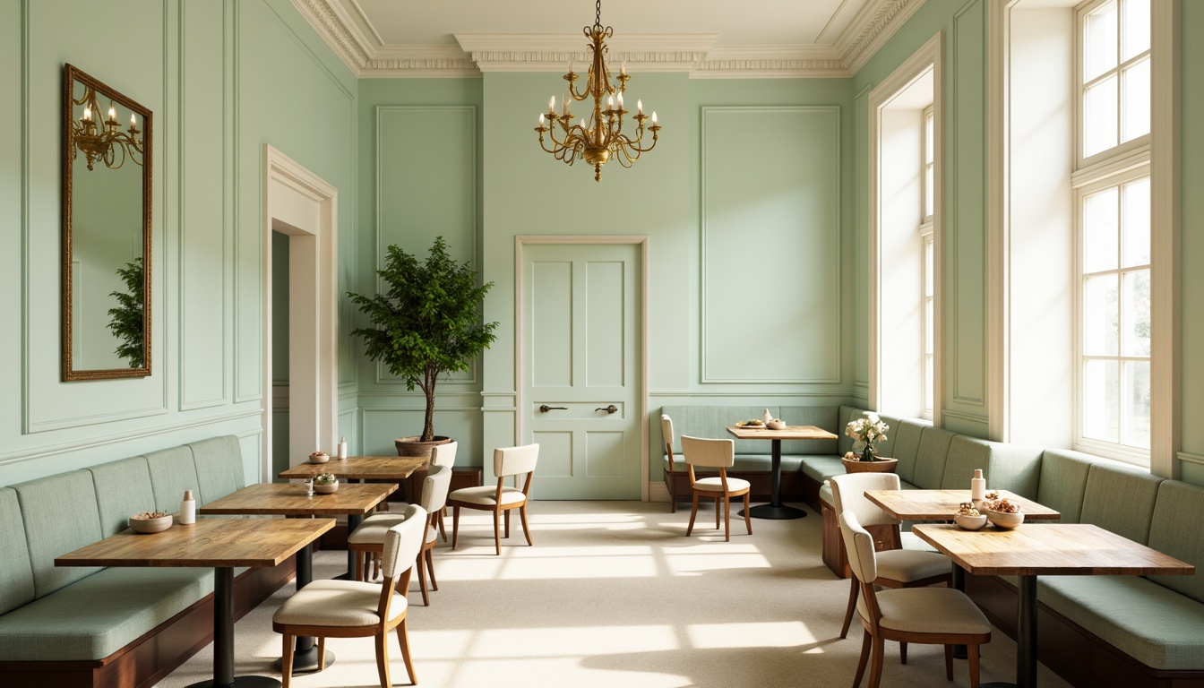 Prompt: Pastel mint walls, creamy white trim, warm beige flooring, elegant chandeliers, refined wooden tables, plush velvet chairs, soft sage green accents, delicate gold hardware, subtle linen textures, airy natural light, shallow depth of field, 1/1 composition, realistic reflections, ambient occlusion.