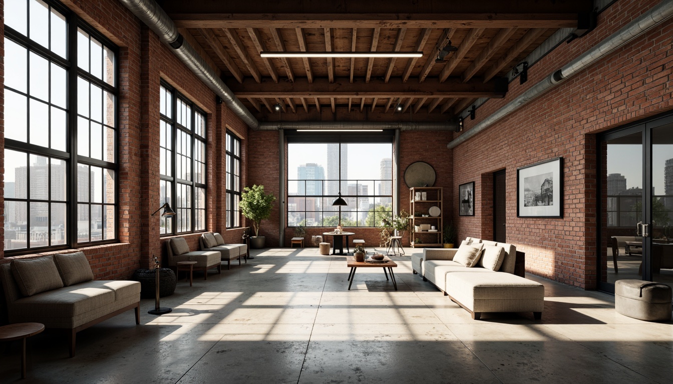 Prompt: Exposed brick walls, metal beams, reclaimed wood accents, industrial-style lighting fixtures, concrete floors, urban cityscape, converted warehouse, modern minimalist decor, functional simplicity, neutral color palette, distressed textures, vintage machinery, eclectic decorative elements, open floor plan, high ceilings, natural light pouring in, dramatic shadows, 3/4 composition, shallow depth of field, realistic renderings.