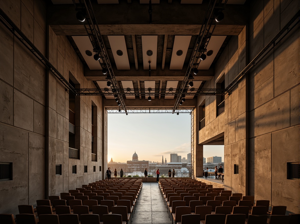 Prompt: Raw concrete walls, exposed ductwork, industrial metal beams, minimalist seating, avant-garde stage design, dramatic spotlights, reverberant sound reflections, echoey ambiance, brutalist architecture, angular lines, monochromatic color scheme, urban cityscape, evening atmosphere, warm golden lighting, shallow depth of field, 1/2 composition, symmetrical framing, high-contrast textures, ambient occlusion.