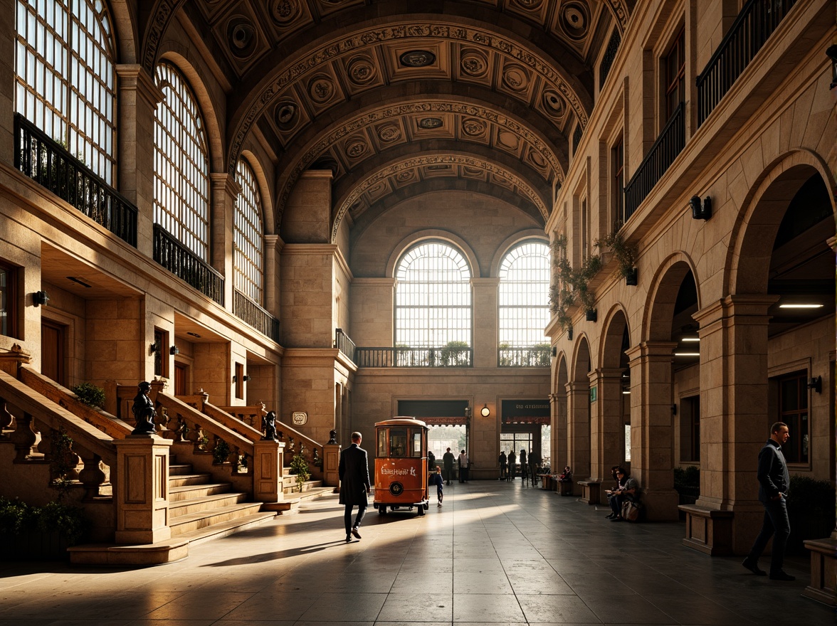 Prompt: Grand train station, Romanesque archways, ornate stone carvings, vaulted ceilings, large stained glass windows, intricate ironwork, rustic brick walls, majestic columns, grand staircases, ornamental railings, vintage luggage carts, old-fashioned clock towers, warm golden lighting, shallow depth of field, 1/1 composition, symmetrical framing, realistic textures, ambient occlusion.