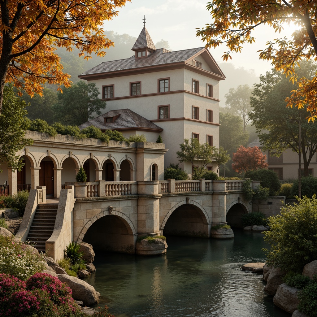 Prompt: Rustic stone bridges, ornate balustrades, weathered wooden railings, warm beige stonework, earthy red brick arches, moss-covered piers, soft golden lighting, misty atmospheric effects, serene river waters, lush greenery, vibrant floral arrangements, intricate carvings, classical architectural details, subtle texture overlays, realistic stone normal maps, cinematic camera angles, 1/2 composition, warm color grading.