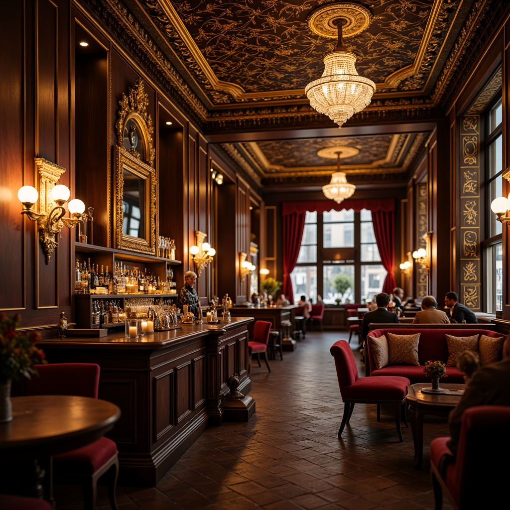 Prompt: Richly ornamented pub interior, lavish golden accents, intricately carved wooden panels, ornate mirrors, crystal chandeliers, velvet drapes, luxurious fabrics, gilded frames, antique furniture, curved lines, opulent textures, warm candlelight, soft focus, shallow depth of field, 1/2 composition, dramatic lighting, realistic reflections, ambient occlusion.