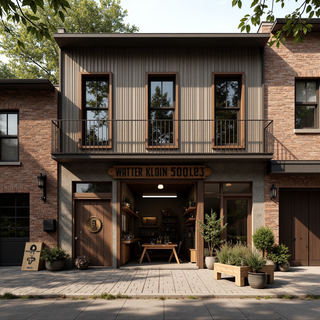 Prompt: Rustic workshop facade, distressed wooden planks, metal cladding, industrial-style windows, exposed brick walls, vintage signage, eclectic architectural details, warm earthy tones, natural stone foundations, overhanging roofs, asymmetrical composition, dramatic shadows, soft diffused lighting, 1/2 composition, realistic textures, ambient occlusion.