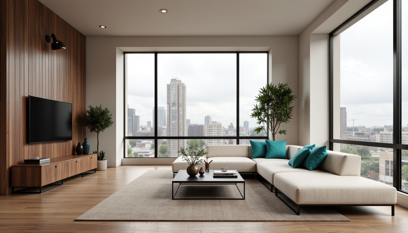 Prompt: Modern living room, sleek furniture, minimalist decor, neutral color palette, soft beige walls, rich walnut wood accents, creamy white sofas, bold black metal frames, vibrant turquoise throw pillows, natural linen textiles, industrial chic lighting fixtures, urban cityscape views, cloudy day, soft diffused light, shallow depth of field, 1/1 composition, realistic textures, ambient occlusion.