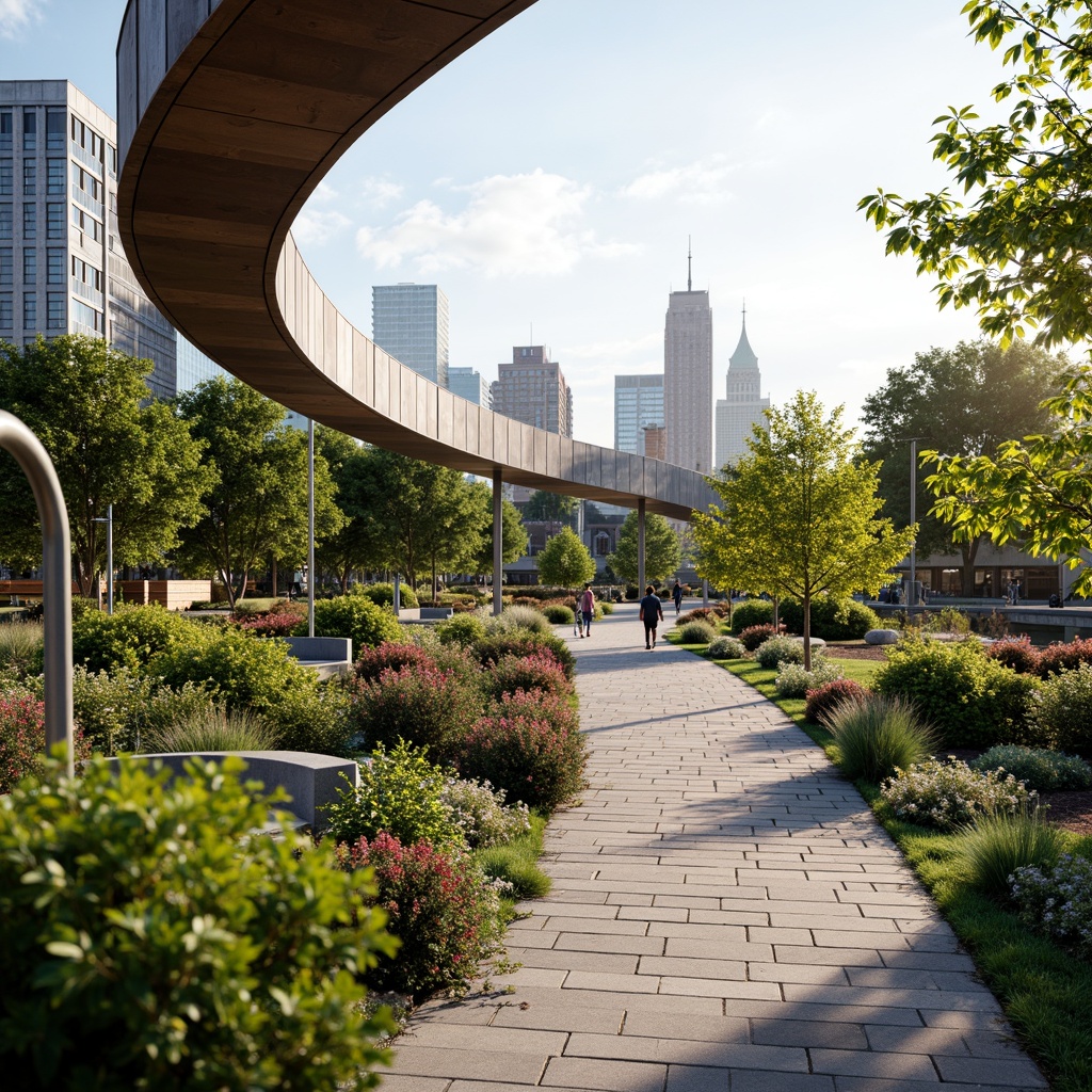 Prompt: Curved pedestrian bridge, lush greenery, vibrant flowers, natural stone walkways, wooden railings, modern architecture, sleek metal structures, glass floors, scenic city views, bustling urban atmosphere, soft warm lighting, shallow depth of field, 3/4 composition, panoramic view, realistic textures, ambient occlusion, integrated landscape design, native plant species, water features, public art installations, seating areas, accessible ramps, safety handrails.