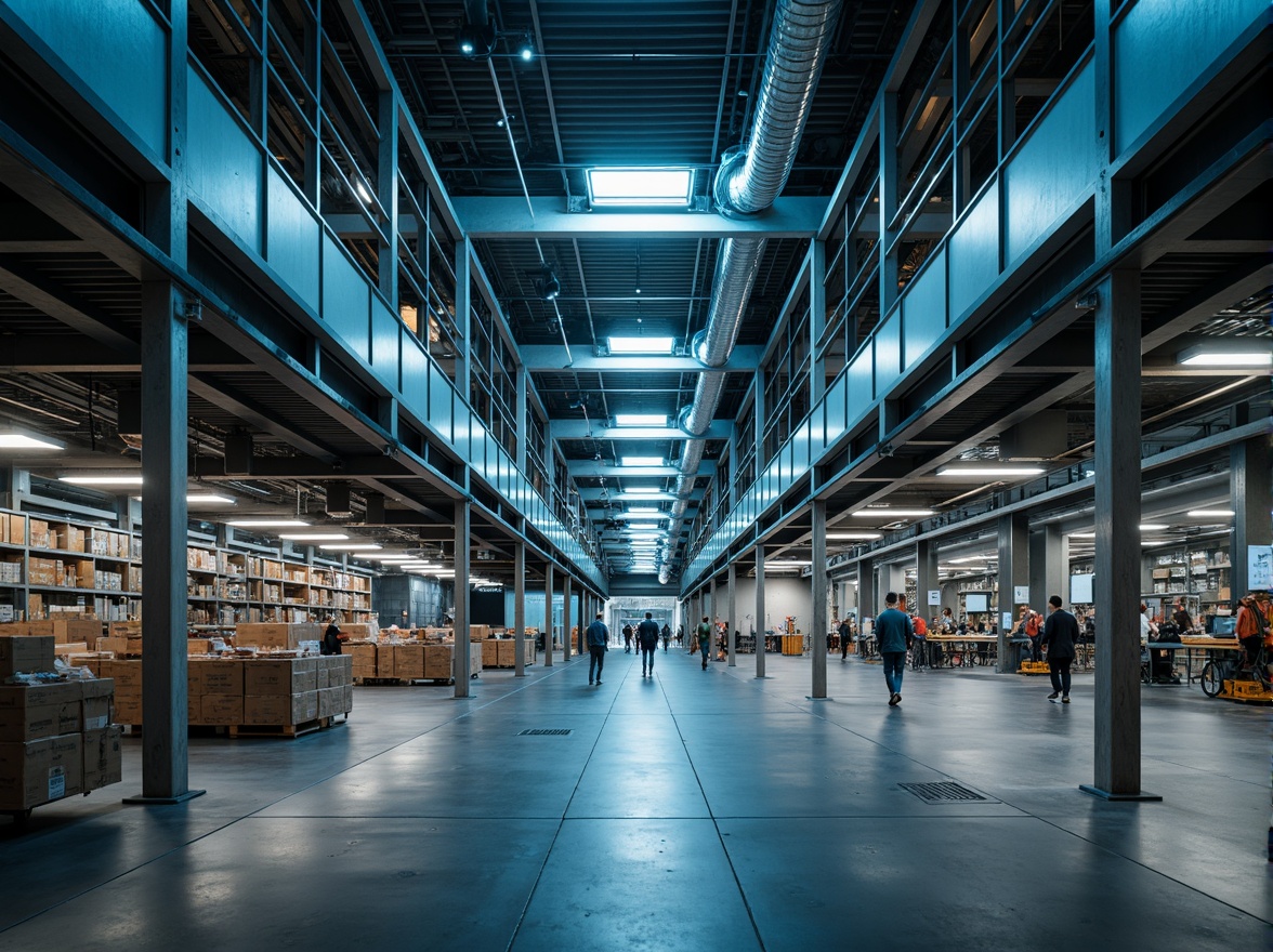 Prompt: Futuristic warehouse interior, exposed ductwork, metallic beams, polished concrete floors, neon-lit catwalks, suspended LED lights, industrial-style lamps, high-ceilinged spaces, automated storage systems, robotic arms, sleek metal shelving, minimalist decor, ambient occlusion, softbox lighting, 1/1 composition, shallow depth of field, realistic textures.