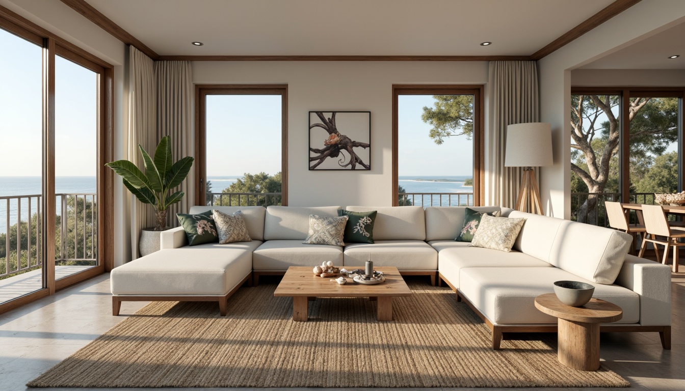 Prompt: Coastal living room, ocean-inspired color palette, driftwood accents, natural textiles, woven sea grass rugs, shell-adorned decorative pieces, floor-to-ceiling windows, sliding glass doors, beachy vibe, soft warm lighting, 1/1 composition, shallow depth of field, realistic wood textures, ambient occlusion, modern minimalist furniture, plush sectional sofas, reclaimed wood coffee tables, nautical-themed artwork, coral-patterned throw pillows, sea salt-scented candles, calming atmosphere.