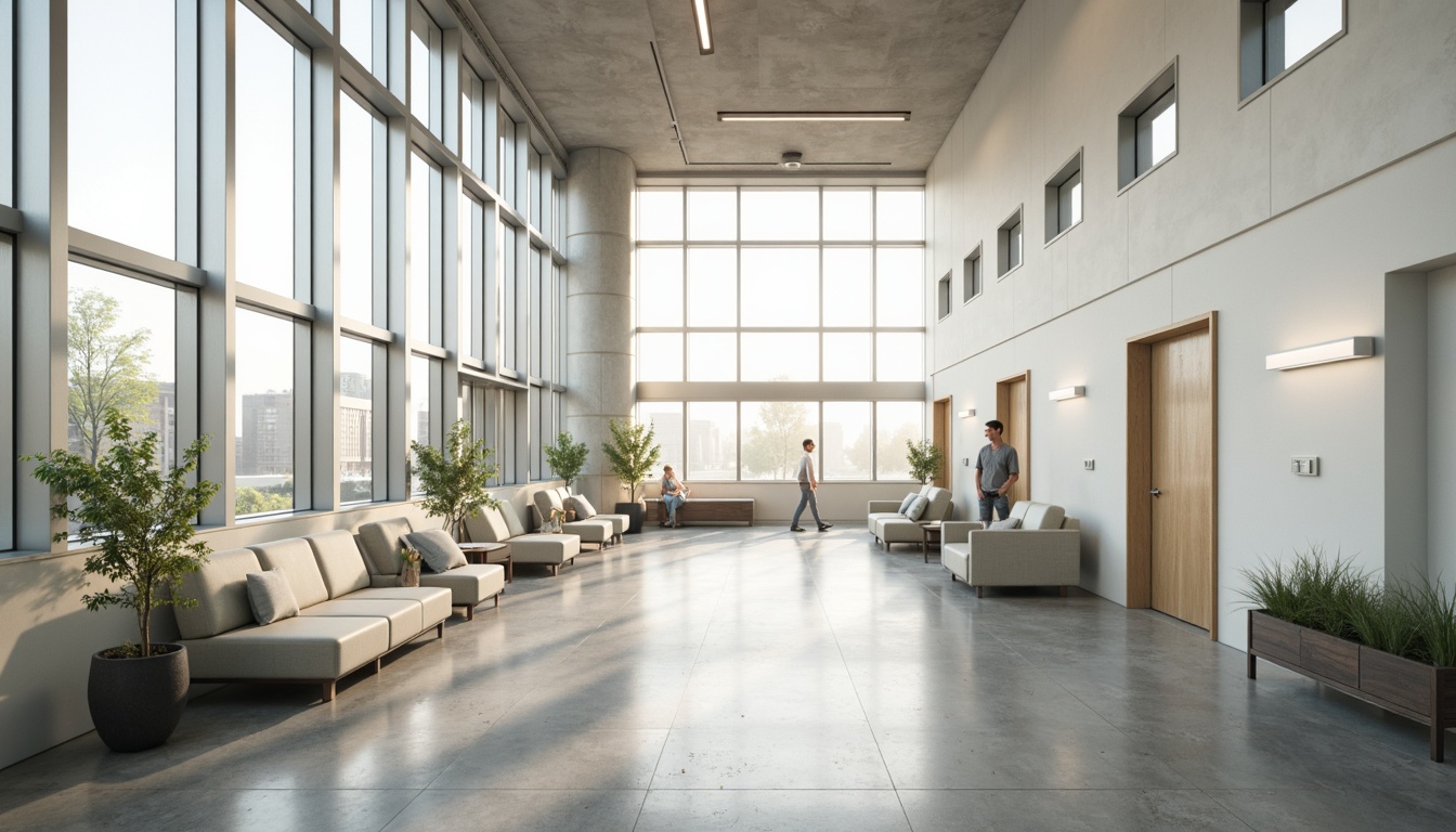 Prompt: Minimalist hospital interior, abundant natural light, floor-to-ceiling windows, sleek metal frames, polished concrete floors, calming white walls, sparse greenery, modern medical equipment, stainless steel surfaces, subtle ambient lighting, soft warm tones, shallow depth of field, 1/1 composition, realistic textures, ambient occlusion, serene atmosphere, peaceful waiting areas, comfortable patient rooms, efficient nurse stations, minimalist decor, natural stone accents, wooden furniture, gentle color palette.