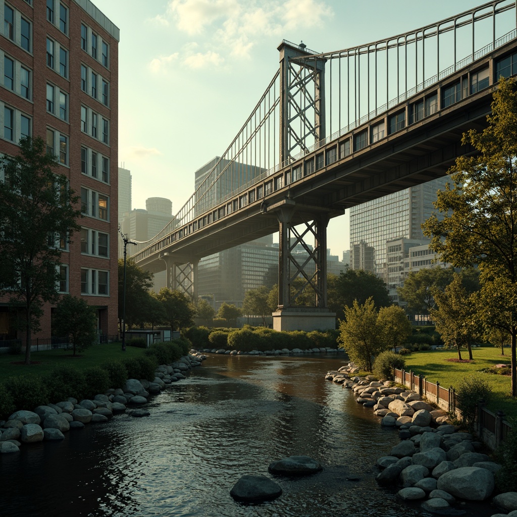 Prompt: Rustic steel bridges, industrial-era aesthetic, weathered metal textures, earthy tones, muted greens, blues and grays, warm golden lighting, misty atmospheric effects, dramatic shadows, 3/4 composition, cinematic view, realistic reflections, ambient occlusion, urban cityscape, riverbank setting, lush vegetation, natural stone piers, modern architectural elements, sleek cable systems.