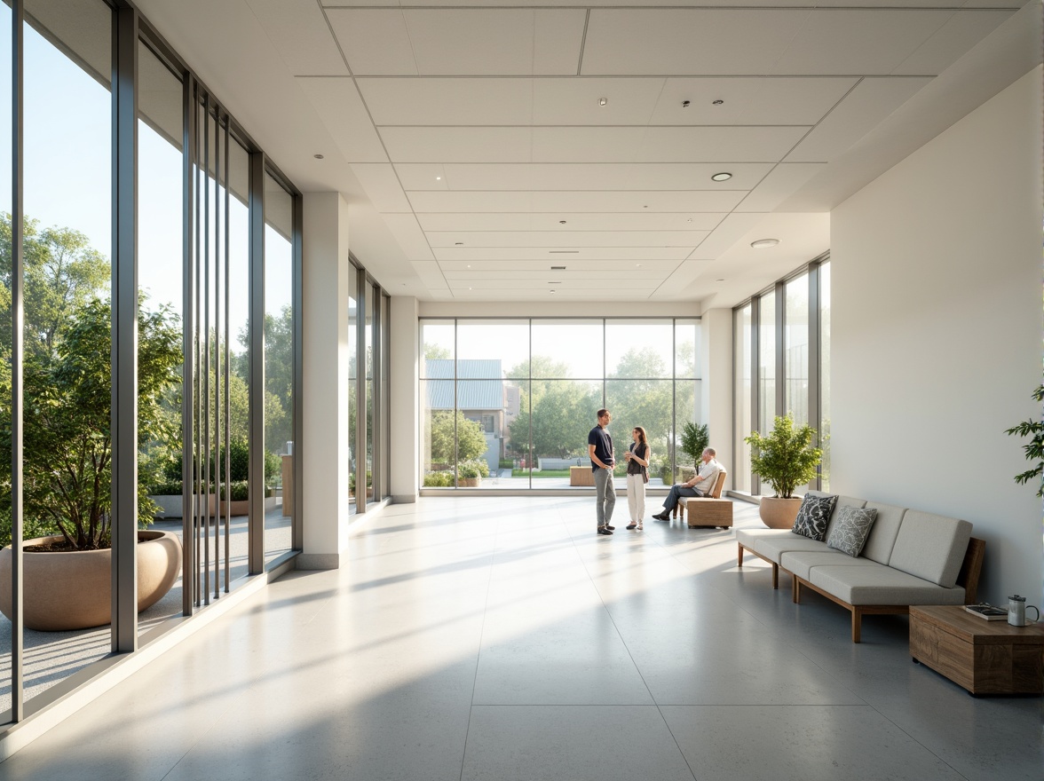 Prompt: Minimalist hospital interior, abundant natural light, floor-to-ceiling windows, sleek metal frames, polished concrete floors, calming white walls, sparse greenery, modern medical equipment, stainless steel surfaces, subtle ambient lighting, soft warm tones, shallow depth of field, 1/1 composition, realistic textures, ambient occlusion, serene atmosphere, peaceful waiting areas, comfortable patient rooms, efficient nurse stations, minimalist decor, natural stone accents, wooden furniture, gentle color palette.