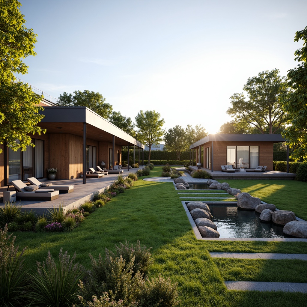 Prompt: Sleek modern villas, lush green lawns, vibrant flowerbeds, meandering stone pathways, tranquil water features, natural rock formations, wooden decks, outdoor seating areas, minimalist garden ornaments, ambient lighting, warm sunset glow, shallow depth of field, 1/1 composition, realistic textures, soft focus effect.