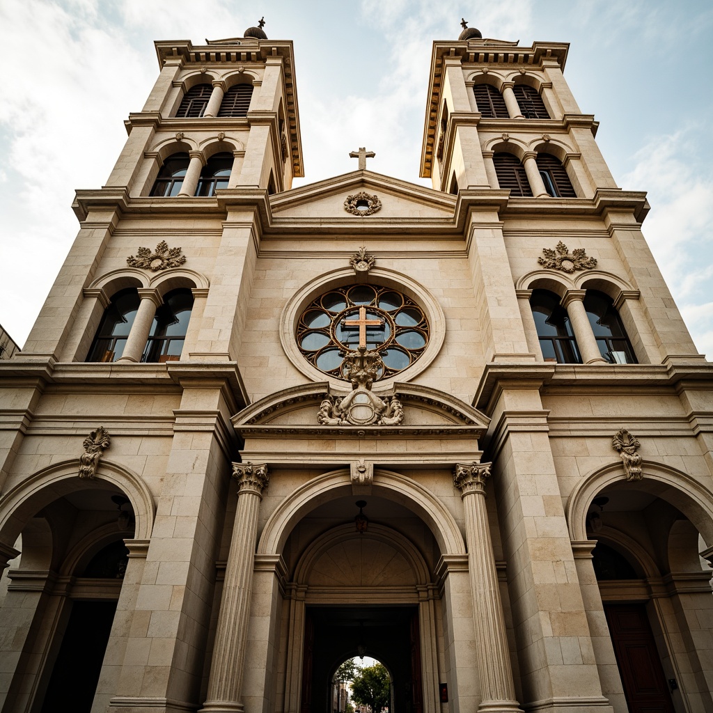 Prompt: Grandiose church facade, ornate stone carvings, symmetrical composition, soaring bell towers, intricate stained glass windows, majestic entrance archways, rusticated quoins, Corinthian columns, decorative pilasters, ornamental pediments, subtle weathered stone textures, warm golden lighting, soft focus, shallow depth of field, 2/3 composition, realistic architectural details, ambient occlusion.