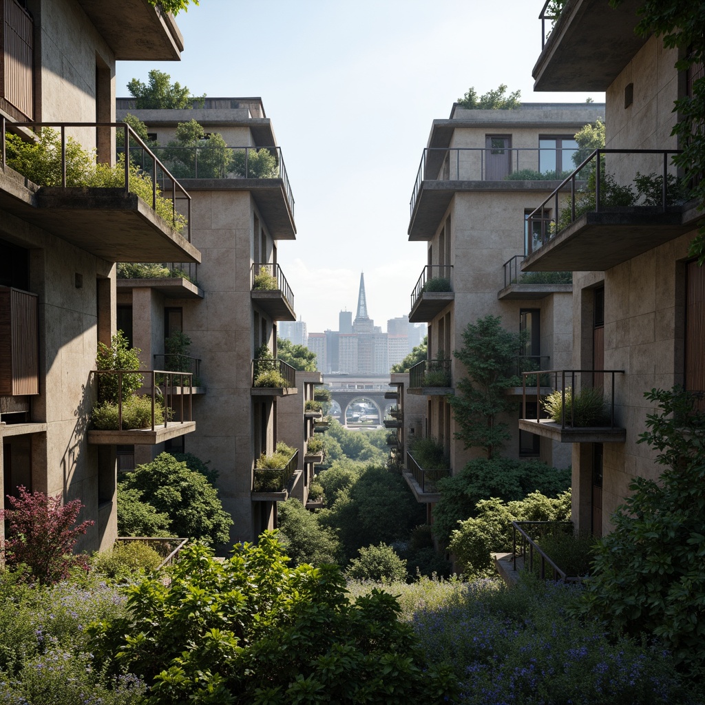 Prompt: Rugged brutalist buildings, raw concrete textures, fortress-like structures, overgrown vegetation, wildflowers, moss-covered walls, weathered steel beams, industrial materials, urban landscape integration, cityscape views, elevated walkways, cantilevered sections, dramatic shadows, harsh natural light, 1/1 composition, symmetrical framing, high-contrast colors, gritty realistic textures, ambient occlusion.