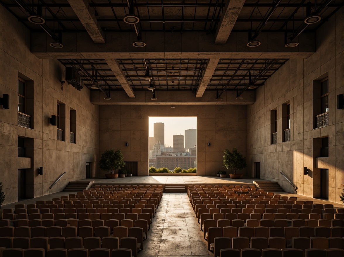 Prompt: Raw concrete walls, exposed ductwork, industrial metal beams, minimalist seating, avant-garde stage design, dramatic spotlights, reverberant sound reflections, echoey ambiance, brutalist architecture, angular lines, monochromatic color scheme, urban cityscape, evening atmosphere, warm golden lighting, shallow depth of field, 1/2 composition, symmetrical framing, high-contrast textures, ambient occlusion.