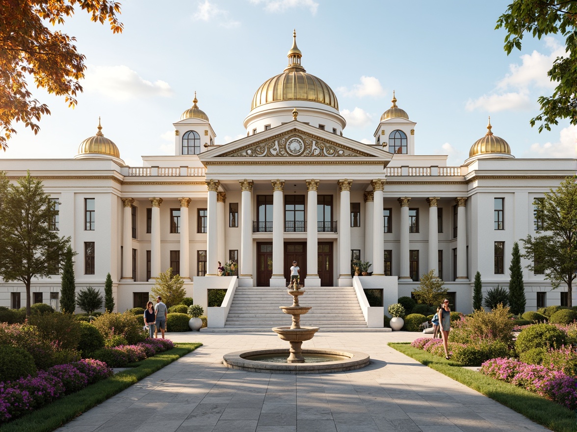 Prompt: Grandiose neoclassical building, symmetrical facade, ornate columns, intricately carved architraves, imposing entrance, sweeping staircases, majestic domes, gleaming white marble, polished bronze details, harmonious proportions, perfect bilateral symmetry, classical orders, Corinthian capitals, ionic volutes, rusticated bases, grand central axis, formal gardens, manicured lawns, ornamental fountains, vibrant flower arrangements, warm golden lighting, shallow depth of field, 1/1 composition, frontal view, realistic textures, ambient occlusion.