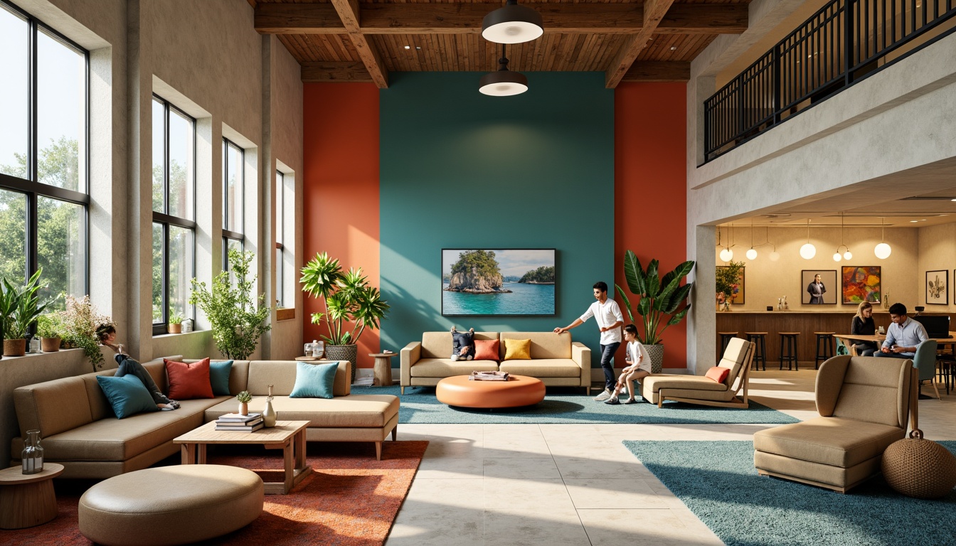 Prompt: Vibrant student lounge, bold accent walls, warm beige furniture, rich wood tones, calming blue-green hues, natural textiles, industrial metal accents, modern minimalist decor, cozy reading nooks, comfortable seating areas, abundant natural light, soft warm lighting, 1/1 composition, realistic textures, ambient occlusion.