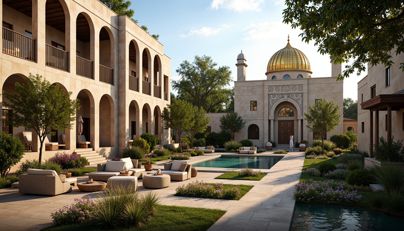 Prompt: Majestic Byzantine-style buildings, intricately carved stone facades, golden domes, ornate mosaics, lush greenery, blooming flowers, serene water features, meandering pathways, rustic stone walls, ancient olive trees, warm Mediterranean sunlight, soft warm lighting, shallow depth of field, 3/4 composition, panoramic view, realistic textures, ambient occlusion.